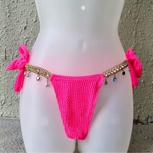 Gorgeous Pink Bikini Bottoms Rhinestones Chain Straps Size S Crinkle Tie Cheeky